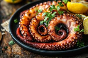An octopus is sitting on a plate with lemons photo