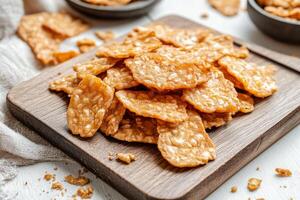 A wooden cutting board with some crackers on it photo