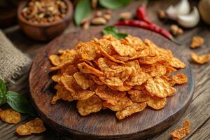 Corn flakes on a wooden plate with spices and herbs photo