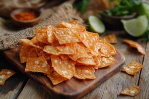 A pile of chips on a wooden cutting board photo