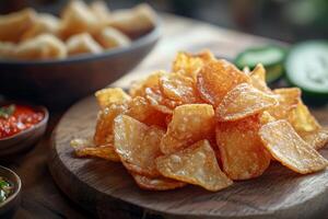 Chips and dip on a wooden board photo