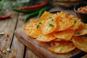 A plate of fried potato chips on a wooden table photo