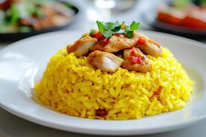 A plate of yellow rice with chicken and vegetables photo