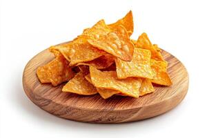 Nachos on a wooden plate on a white background photo