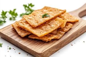 Crackers on a wooden cutting board photo