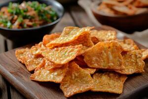 A plate of crispy chips with a bowl of dip photo