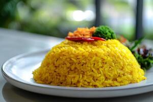 A plate of yellow rice with vegetables and a side dish photo