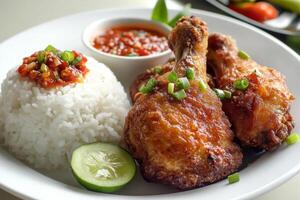 Chicken wings with rice and sauce on a white plate photo