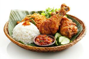 Chicken fried rice with vegetables and cucumber photo