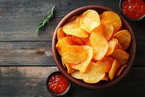 Potato chips in a bowl on a wooden table top view photo
