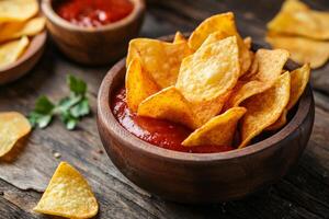 Tortilla chips and salsa in a wooden bowl photo