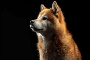 A dog is standing in front of a black background photo