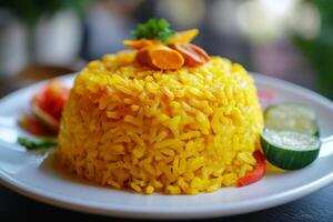 A plate of yellow rice with vegetables photo