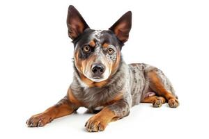 An australian cattle dog is laying down on a white background photo