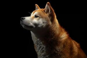 A dog is standing in front of a black background photo