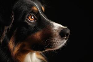 Bernese mountain dog, portrait, black background, isolated, black and white, isolated, photo