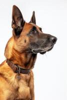 A dog with a collar and a white background photo