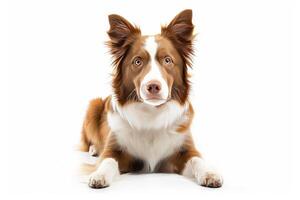 A brown and white dog sitting on a white background photo
