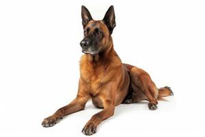 A large brown dog is sitting down on a white background photo