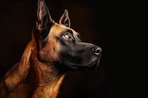 A belgian malinois dog is looking up at something photo