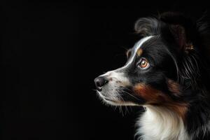 A dog with a black background looking up photo