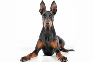 A doberman dog is sitting on the floor photo