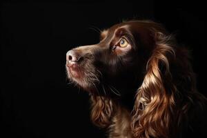 A brown and white dog with long hair photo