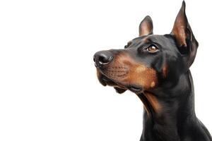 A doberman dog is looking up at something photo