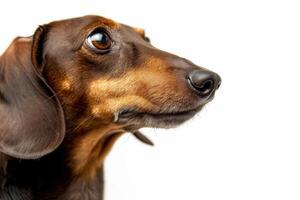 A dachshund dog looking up at the camera photo