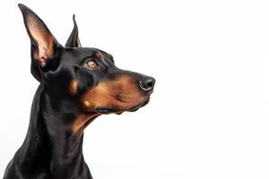 A doberman dog is looking up at something photo