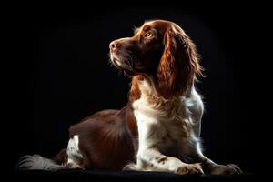 A brown and white dog sitting on a black background photo