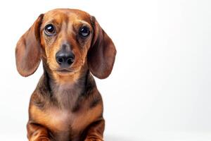 A dachshund dog sitting down on a white background photo