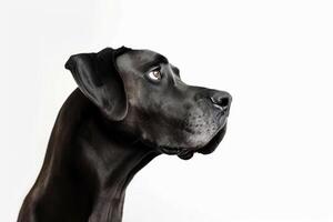 A black dog is looking up at something photo