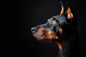 A doberman dog is looking up at something photo