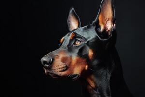 A doberman dog is looking to the side photo
