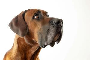 A large dog with a big head looking up photo