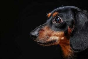 A dachshund dog is looking up at the camera photo