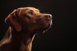 A brown dog is looking up at something photo