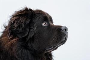 A black dog with long hair looking up photo
