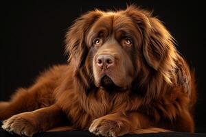 A brown dog with long hair sitting on a black background photo