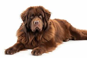 A large brown dog laying down on a white background photo
