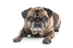 A pug dog is sitting down on a white background photo