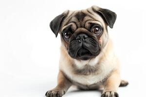 A pug dog sitting down on a white background photo