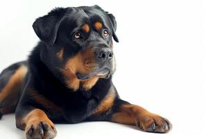 A rotweiler dog is sitting on the floor photo