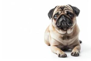 A pug dog is sitting down on a white background photo