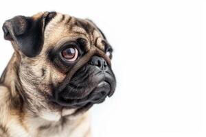 A pug dog looking up at the camera photo