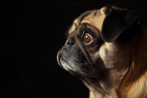 A pug dog is looking up at something photo