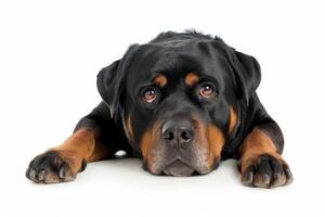 A rotweiler dog is laying down on a white background photo