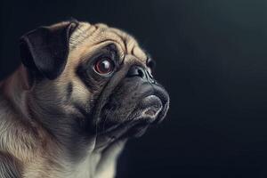 A pug dog is looking up at something photo