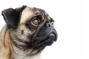 A pug dog is looking up at something photo